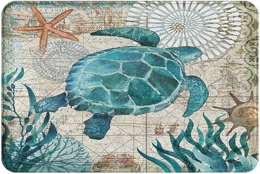Bath Mat Rugs Bathroom Floor Mat, Vintage Nautical Blue Sea Turtle Non Slip Washable Bathroom Decor Bath Rug, 20"x30"