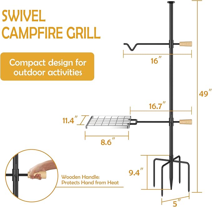 Campfire Grill Grate with Swivel Handle, Campfire Cooking Equipment - Fire Pit Grill Grate with Heavy Duty Steel, For Outdoor BBQ Camping and Cooking, Black