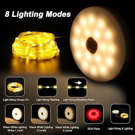 Camping String Light 4 in 1 Retractable 42ft Solar /USB Rechargeable 3600mAh Waterproof Hanging Outdoor Camping Lantern with 8 Lighting Modes, Portable Tent Lights for Hiking, Yard, RV (Warm Light)