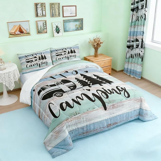 RV Camper Comforter 3 Pieces,Happy Camping Duvet Set for Boys Kids Teens Rustic Farmhouse Style Bedding,Black Sketch Drawing Bedding Comforters Vintage Old Barn Door Inner Fill,Queen Size