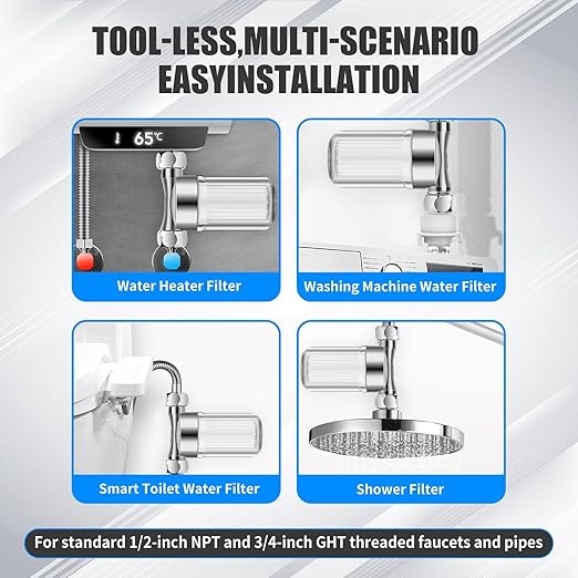5 Or 40 Micron Reusable Brass Sediment Filter, Visual Washer Water Filter System, 12 GPM High Flow, for Washing Machine, Heater, Shower, Garden, 1/2" NPT+3/4" GHT Chrome (PP Cotton Filter 5um)