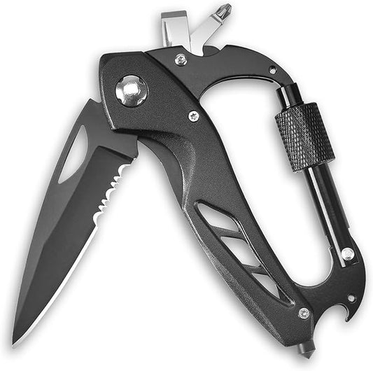 Carabiner Multitool, Carabiner with Pocket Knife, Serrated Folding Knife, Rope Cutter, Bottle Opener, Window Breaker, Screwdriver, Unique Gifts for Men, Outdoor Survival Gear, Camping Hiking