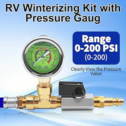 RV Winterizing Kit with Pressure Gauge, 60inch RV Winterize Hose with 3/4" GHT Blow Out Fitting Adaptor & 1/4" Quick Connect Plug, Sprinkler Winterization Kit for Camper, Boat, Travel Trailer, Blue