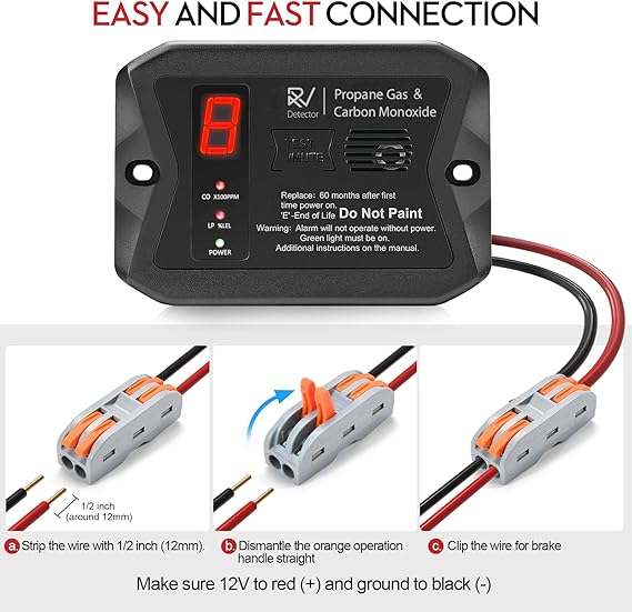 RV Propane Gas Detector, RV Carbon Monoxide and Propane Detectors, 12V DC, 3 Brackets Compatible with All Other Brands, Flush & Surface Mount, Black Color
