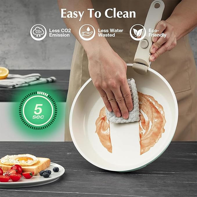 Ceramic Pots and Pans Set Non Stick Green, 7 Pcs Nonstick Cookware Set with Detachable Handle RV Camping Induction Kitchen Cookware Set Non Stick, PFAS PFOA & PTFE Free