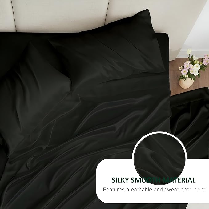 Luxury Silk Satin RV King Bed Sheet Set – Ultra Soft & Silky 4-Piece Deep Pocket Sheets – Elegant Bedding with 1 Fitted Sheet, 1 Flat Sheet & 2 Pillowcases – Black