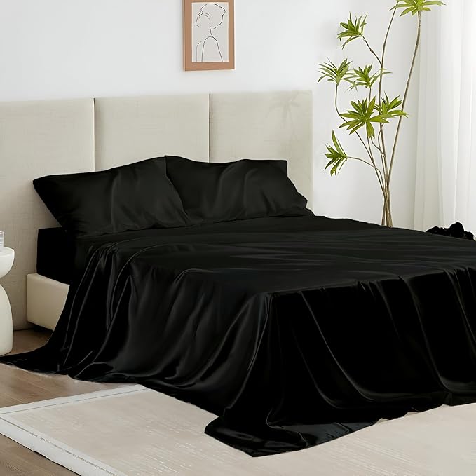 Luxury Silk Satin RV King Bed Sheet Set – Ultra Soft & Silky 4-Piece Deep Pocket Sheets – Elegant Bedding with 1 Fitted Sheet, 1 Flat Sheet & 2 Pillowcases – Black
