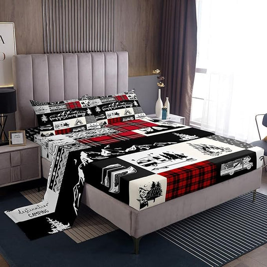 Camping Camper Bed Sheet Set King Size,RV Inside Decor Rustic Patchwork Deep Pocket Fitted Sheet,1 Flat,2 Pillowcases,Farmhouse Lodge Hunting Red Checkered Bed Mattress Cover, Bedroom Decor