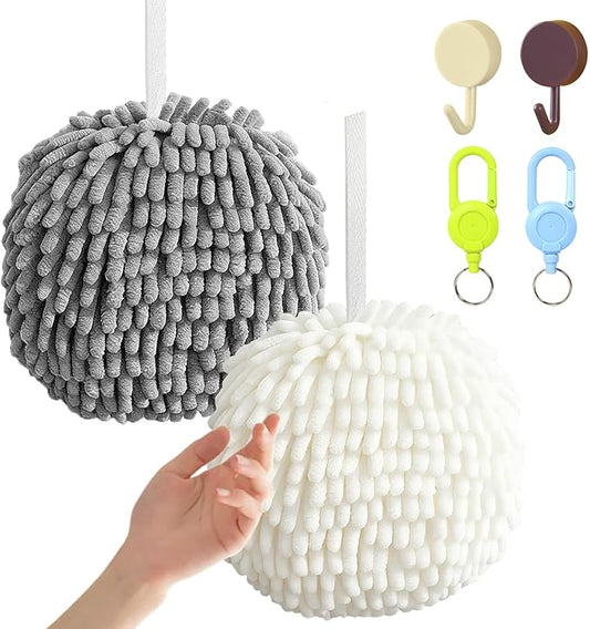 Fuzzy Ball Towel 2Pcs-Revolutionary Retractable Design Chenille Hand Towels for RV, Small Spaces/Bathroom/Kitchen, Decorative Puffball Towels with Loops for Kids & Adults