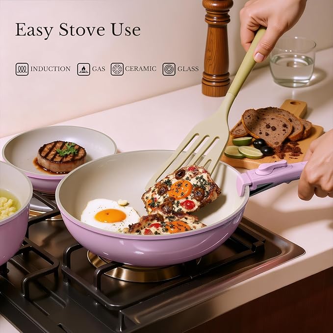 Pots and Pans Set Non Stick, Ceramic Cookware Set Detachable Handle, RV Camping Kitchen Cooking Set Removable Handles, Dishwasher/Oven/Fridge Safe, Induction, Space Saving，PINK