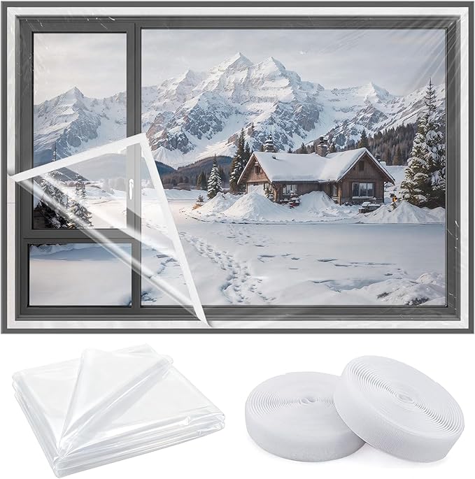 Heavy Duty Window Insulation Kit (180μm Thick) 63 in x 20 ft Cuttable Plastic Window Cover Reusable with Strong Adhesive Tape for Winterizing Waterproof Thermal Insulation Film