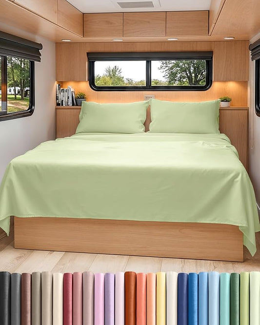 RV Short Queen Sheet Set 60 X 75 - 4 Piece RV Short Queen Bed Sheets - Soft, Breathable & Cooling - Designed for Bunks, Trailers & Campers - Fits 8” to 12" Mattress - Luxury Bedding - Light Sage Green