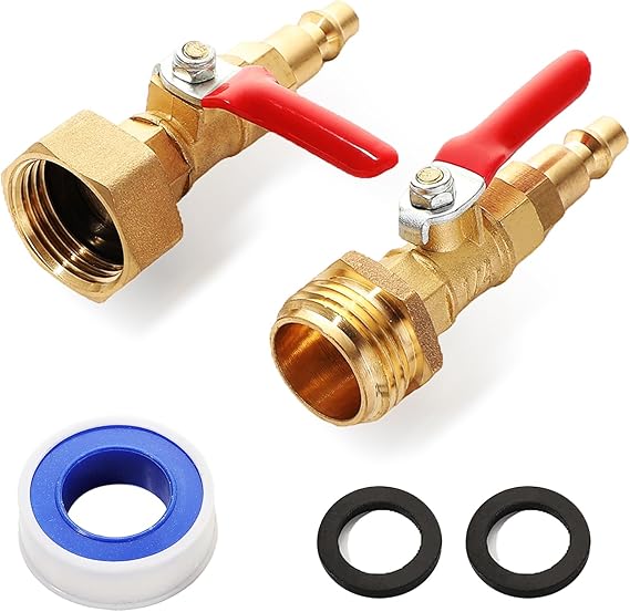 RV Winterize Blowout Adapter Kit,1/4" Quick Connect Plug 3/4" Garden Hose Thread with Ball Valve and Washers, Heavy-Duty Brass Fitting for RV, Boat, Camper, and Trailer Systems