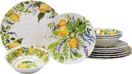 Lemon Zest 12-Piece Melamine Dinnerware Set, Service for 4 – Unbreakable Outdoor Plates & Bowls for Patio Dining, Summer BBQs, Poolside Meals, Picnics, Everyday Family Use & Entertaining