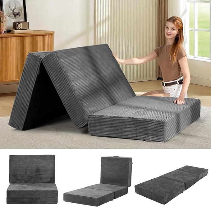 6-Inch Tri-Fold Mattress Twin Size - Foldable Futon Sofa Bed with Removable Washable Cover, Folding Memory Foam Futon Mattress | Non-Slip Bottom & Carry Handles for Guest, Camping, Dorm