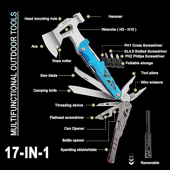 17-in-1 Multifunctional Outdoor Tool Axe with Hammer, Plier, wrenches, utility knife, saw, bottle opener, Multi-bit screwdrivers, Great Gift for Men Dad Camping Survival Kit (Black)