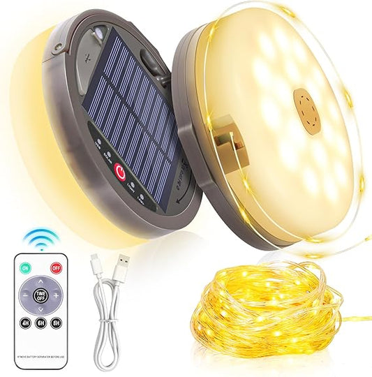 Camping String Light 4 in 1 Retractable 42ft Solar /USB Rechargeable 3600mAh Waterproof Hanging Outdoor Camping Lantern with 8 Lighting Modes, Portable Tent Lights for Hiking, Yard, RV (Warm Light)