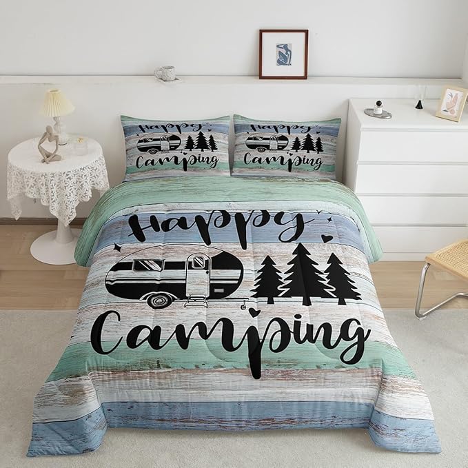 RV Camper Comforter 3 Pieces,Happy Camping Duvet Set for Boys Kids Teens Rustic Farmhouse Style Bedding,Black Sketch Drawing Bedding Comforters Vintage Old Barn Door Inner Fill,Queen Size