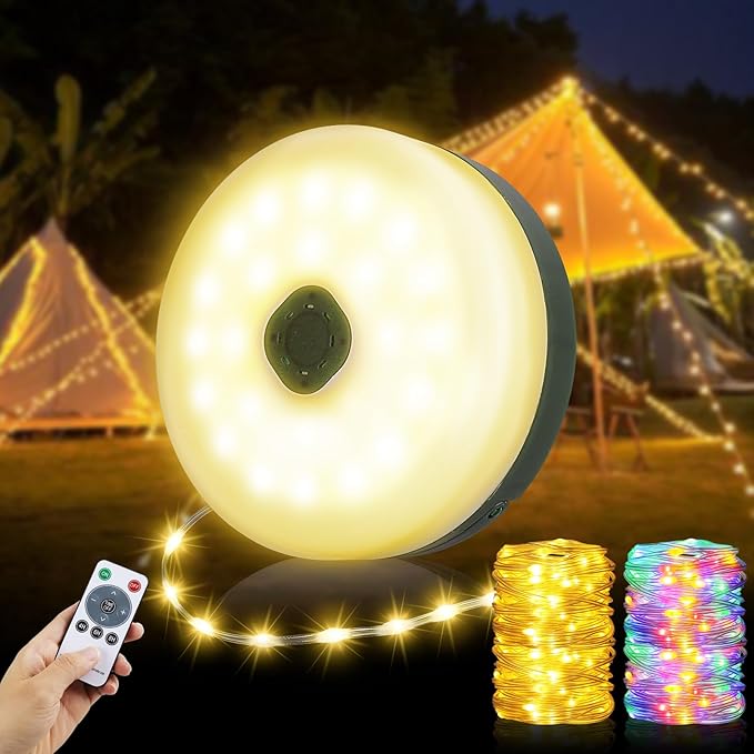 Camping String Lights 33ft 100LED, 4 in 1 Rechargeable 100LED Outdoor Tent String Lights with 14 Lighting Modes Remote Control Waterproof with Timer Function for Camping Gear Essentials Hiking Garden