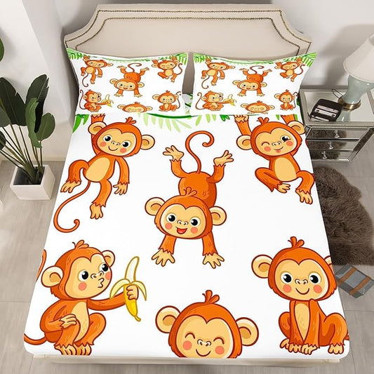 Kids Cute Monkeys Bed Sheet Set Cartoon Monkey Banana Decor Bed Sheets for Kids Boys Girls Wild Animal Pattern Bedding Set Natural Wildlife Fitted Sheet Bedroom Collection 3Pcs Full Size
