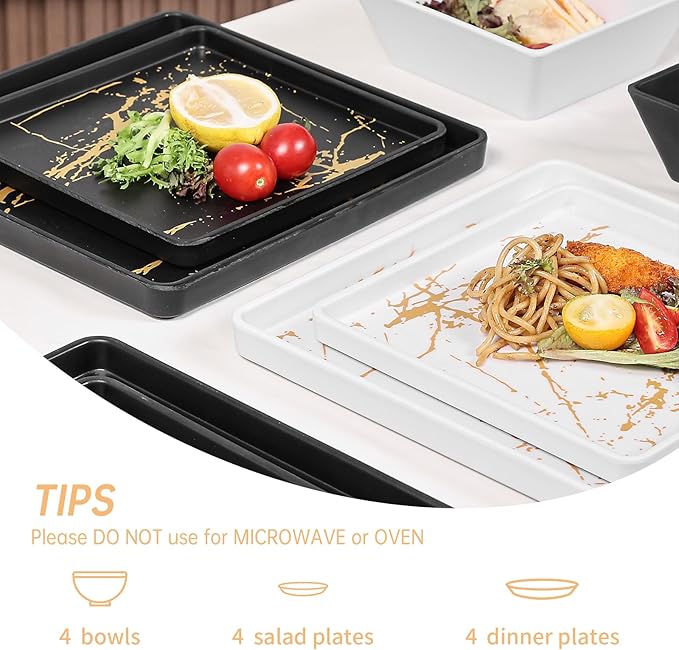 Square Melamine Dinnerware Sets of 12 Pcs,Square Plates and Bowls Sets,Unbreakable Dish Set for 4,Lightweight, Dishwasher Safe and BPA Free,Suit for RV,Camping （Black and White）