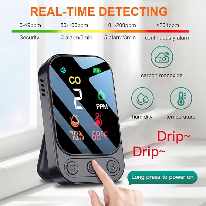 Portable Carbon Monoxide Detectors [3-in-1] Mini Size CO Monitor with Kickstand & Lanyard 85 dB Alarm [CO Temperature Humidity Sensor] for Indoor Outdoor Camping Travel RV Hotel (Dark Grey)