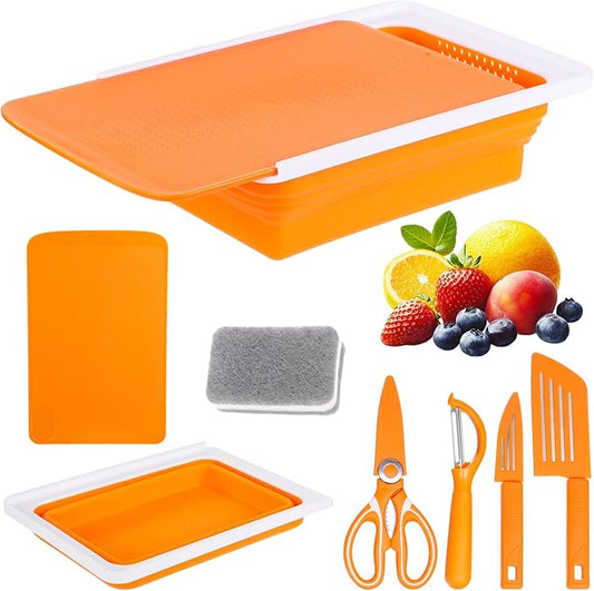 7PCS Collapsible Cutting Board Set, Foldable Camping Sink with Drain, Double-Sided Chopping Board, Kitchen Shears, Knives, Peeler, Sponge for Outdoor, BBQ, Picnic, and Home