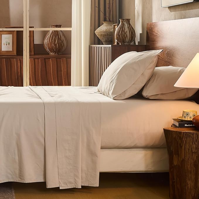100% Linen Sheet Set Queen Size Extra Deep Pocket Fits 18-24 Inch Mattress, Breathable & Soft, Smooth 4-Piece Set for Thick Mattresses Hotel Luxury Bedding（Queen, Linen）