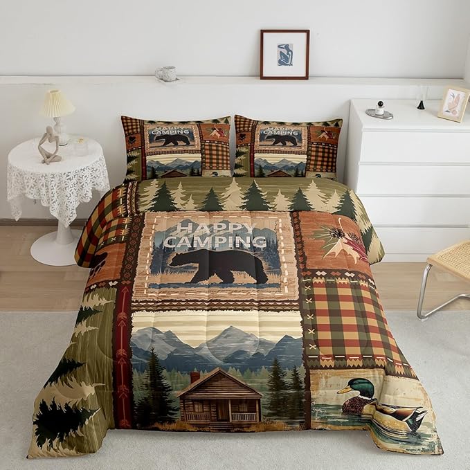 RV Camper Queen Comforter Set,Happy Camping Bedding Set for Teens Youth,Hunting Duck Bear Bedding Comforter Sets Rustic Plaid Woodland Adventure Duvet Insert with 2 Pillow Shams Bedroom Decor
