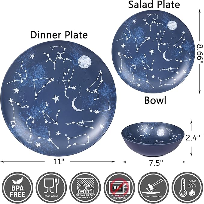 12 Piece Melamine Dinnerware Sets for 4 - Starry Pattern Camping Dishes Set for Indoor and Outdoor Use, Dishwasher Safe Plates and Bowls Sets, Dark Blue
