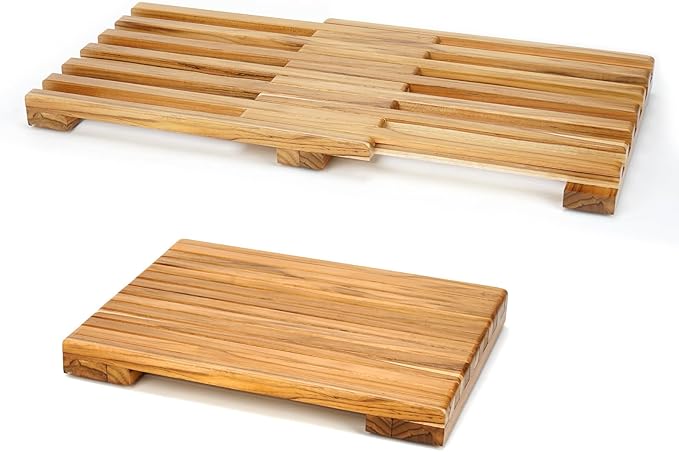 Teak Shower Mat – Adjustable Length Wooden Bathroom Mat, Non-Slip Bath Mat, Sauna Mat for Spa, Sauna Room, Pool, Indoor Outdoor Flooring