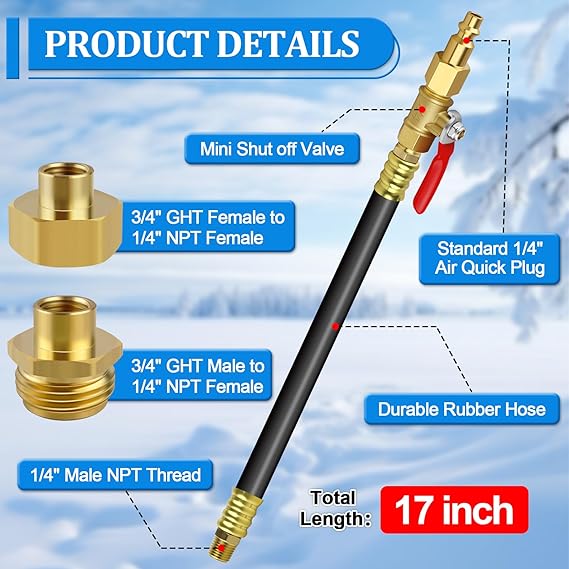 RV Winterizing Kit Sprinkler Blowout Adapter with Shut Off Valve-12 inch RV Winterizing Hose Tool Kit-Air Compressor Kit Male & Female Quick Connect Blow Out Fitting Plug (12''-1pcs)