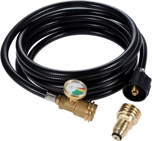 12 Feet Propane Tank Hose Extension with Gauge, Tank Adapter Converts POL 100 lb LP Tank to Male QCC1 / Type1, Fit for Gas Grill, Stove, RV, Heater, Fire Pit and Most Propane Appliances