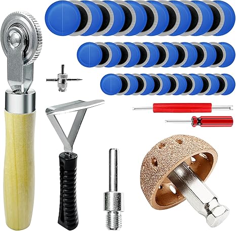 53Pcs Tire Patch Kit Heavy Duty, Tire Repair Tools 42 mm Tungsten Steel Buffing Wheel with 32/42/58mm Tire Patches, Inner Liner Scraper, Tire Patch Roller for Car Motorcycle Bike tractors Grinding