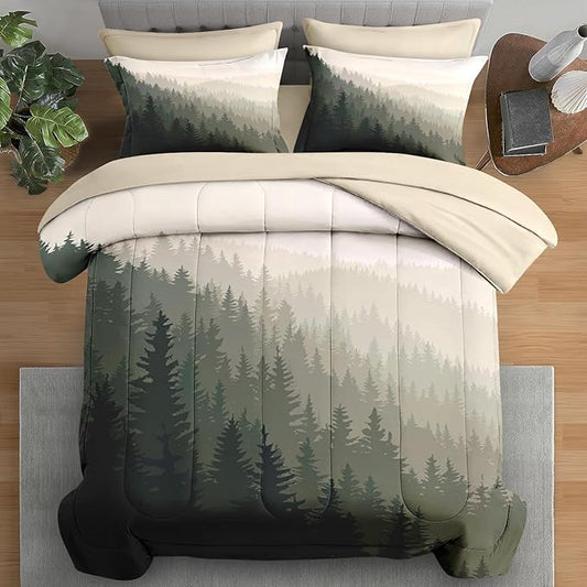 Comforter Set Full Size, Mountain Pine Tree 7 Pcs Bedding for Kids and Adults, Natural Forest Landscape Bed Sheet Sets with Fitted Sheet 2 Pillowcases & 2 Shams