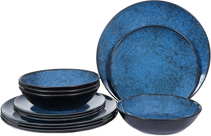 Melamine Dinnerware Sets for 4, Dinner Plates Bowls Set, Unbreakable Melamine Classic Blue Dinnerware, Dishwasher Safe Tableware Sets for Everyday Use, 12 Pcs