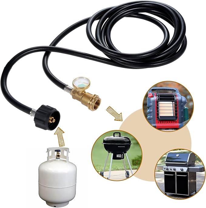12 Feet Propane Tank Hose Extension with Gauge, Tank Adapter Converts POL 100 lb LP Tank to Male QCC1 / Type1, Fit for Gas Grill, Stove, RV, Heater, Fire Pit and Most Propane Appliances