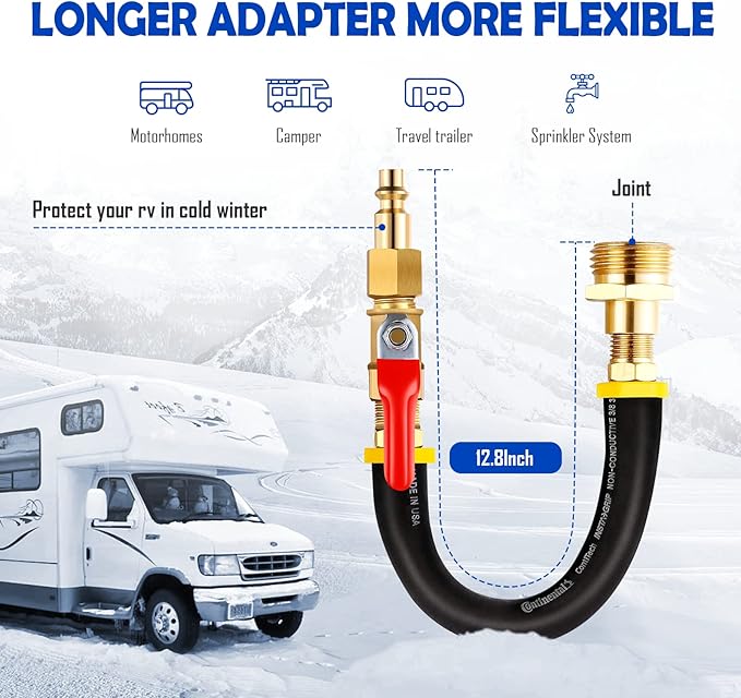 RV Winterizing kit & Sprinkler Blowout Adapter with shut off valve Air compressor Quick-Connect plug garden hose Water Blow Out Fitting for Winterize Sprinkler Systems, Camper,Motorhome