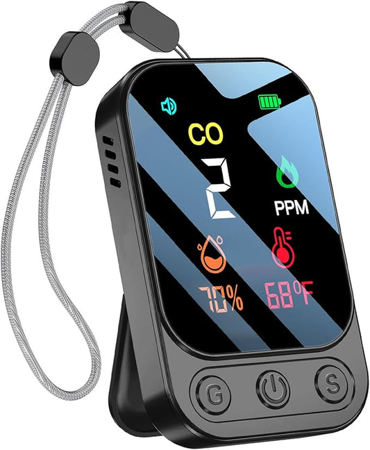 Portable Carbon Monoxide Detectors [3-in-1] Mini Size CO Monitor with Kickstand & Lanyard 85 dB Alarm [CO Temperature Humidity Sensor] for Indoor Outdoor Camping Travel RV Hotel (Dark Grey)