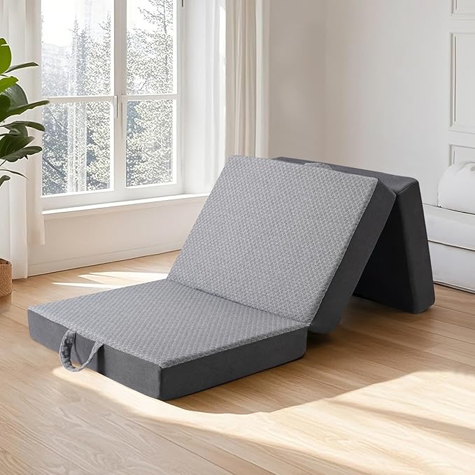 Tri Folding Mattress - Foldable Mattress for Travel/RV/Camping/Road Trip/Guest Room/Yoga, Tri-fold Memory Foam Mattress with Washable Cover, Handle & Non-Slip Bottom