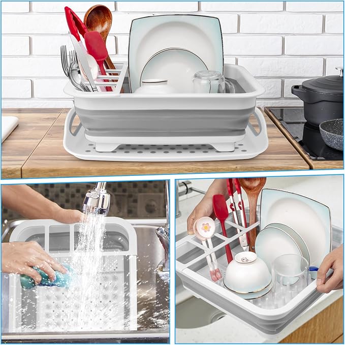Collapsible Dish Drying Rack Portable Dish Drainers for Kitchen Counter with Drainboard, Kitchen Sink Organizer Basket RV Accessories Camper Storage and Organization Dish Rack Over Sink Drying Rack