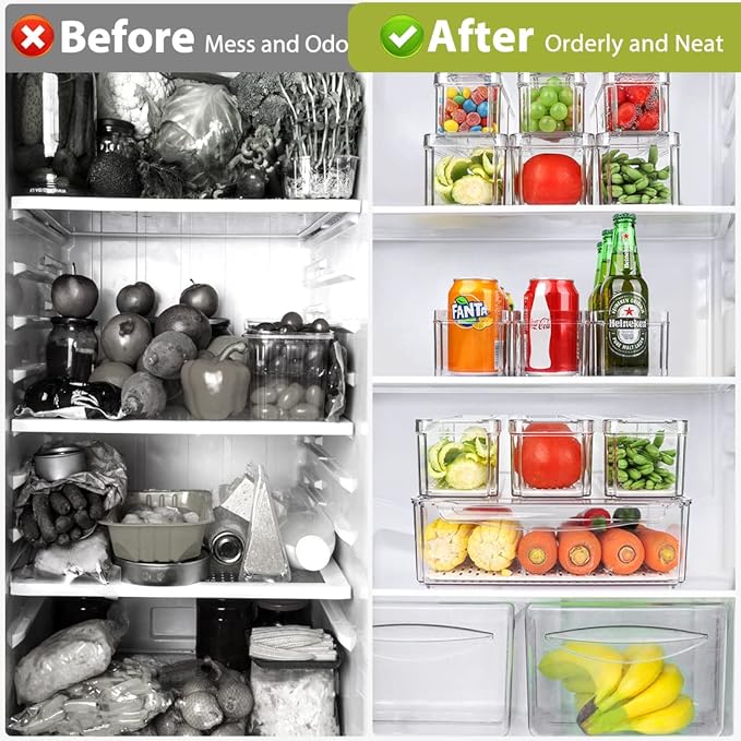 10 Pack Refrigerator Pantry Organizer Bins, Stackable Fridge Organizer Bins with Lids, Clear Plastic Food Storage Bins for Kitchen, Countertops, Cabinets, Fridge, Drinks, Fruits, Vegetable, Cereals