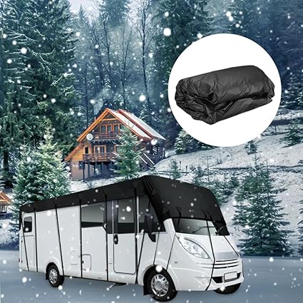 RV Travel Car Snow Guard Covers, Heavy Duty Polyester Oxford RV Trailer Rooftop Cover with Windproof Side-Straps and Buckles, RV(A,B,C)/ Motorhome Trailer/Camper Van Cover (Black_31Ft)