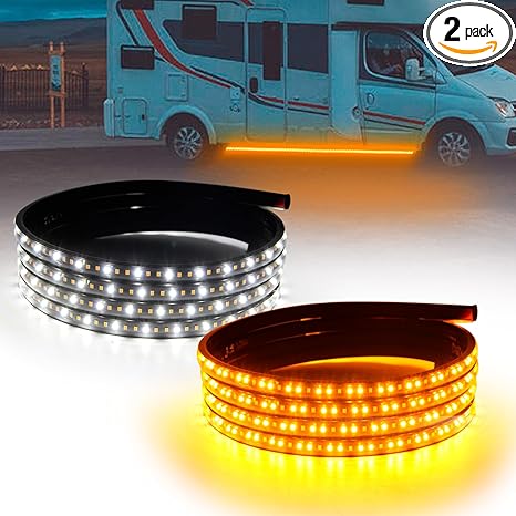 2Pcs LED Running Board Lights 8 Feet Side Maker Light Sequential Amber Turn Signal & White Courtesy Light 12V-14V Emergency Lighting Strips Extended Crew Cab RV Trailer