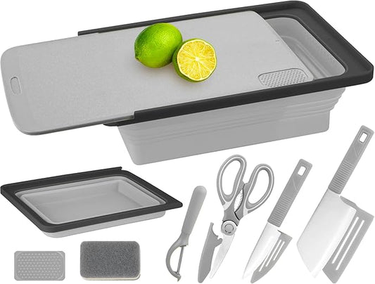 Camping Cutting Board Set - 7-in-1 Portable Foldable Chopping Board with Knife, Vegetable Washing Basket, Kitchen Essentials for Camping, RV, Picnic, Travel & Outdoor Cooking