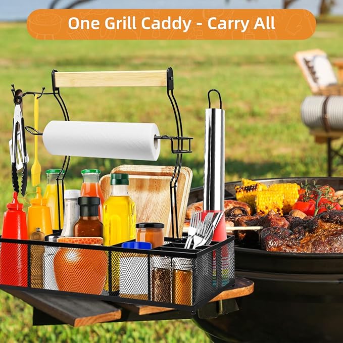 Grill Caddy for Camping Outdoor BBQ Organizer with 2 Paper Towel Holders, Picnic Condiment Utensil Caddy with 8 Compartments Storage Tool Gift for RV Camper/Tailgate Essentials/Flatware Must
