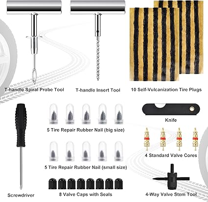 Tire Repair Kit, Tire Plug Kit, Tire Repair Rubber Nail, Professional Heavy Duty Emergency Flat Tire Repair, Repair Tire for Car, RV, SUV, Jeep, UTV, Truck, Motorcycle, Tractor, Mower, Wheelbarrow