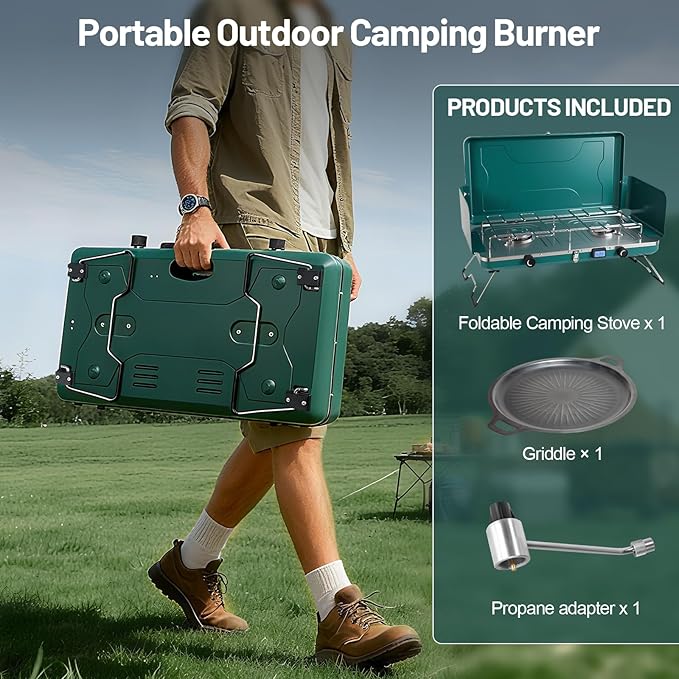 2-Burner Propane Stove, Portable Camping Cooktop with 2 Adjustable Burner and Wind Guards, 20000BTU Camping Stove with Ignition & Griddle for Camping,Tailgating, BBQ, Grilling,Outdoor Gear