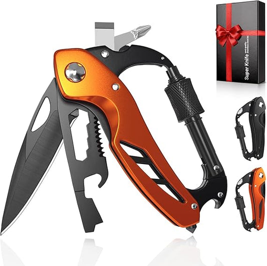 9 in 1 Multitool Carabiner Pocket Knife, Stocking Stuffers Gifts for Women, EDC Carabiners with Folding Knives, Bottle Opener, Window Breaker and Screwdriver, Survival Gear for Camping Hiking (Orange)