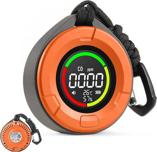 3-in-1 Portable Carbon Monoxide Detector for Travel, Portable Travel CO Detector Rechargeable CO Alarm with Temperature & Humidity Display, Travel Carbon Monoxide Detectors for RV, Camping (Orange)